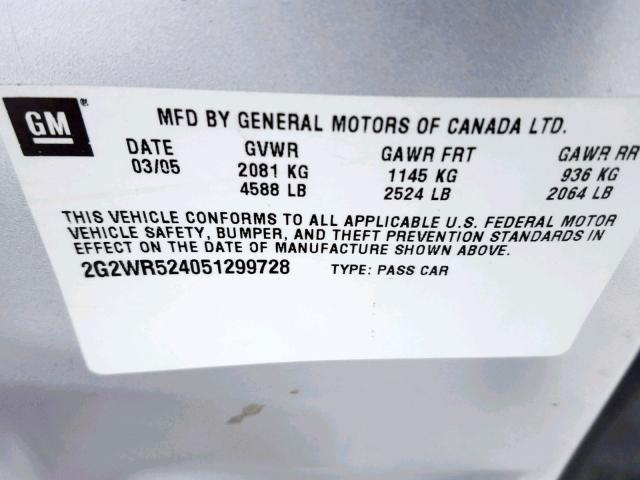 2G2WR524051299728 - 2005 PONTIAC GRAND PRIX SILVER photo 10