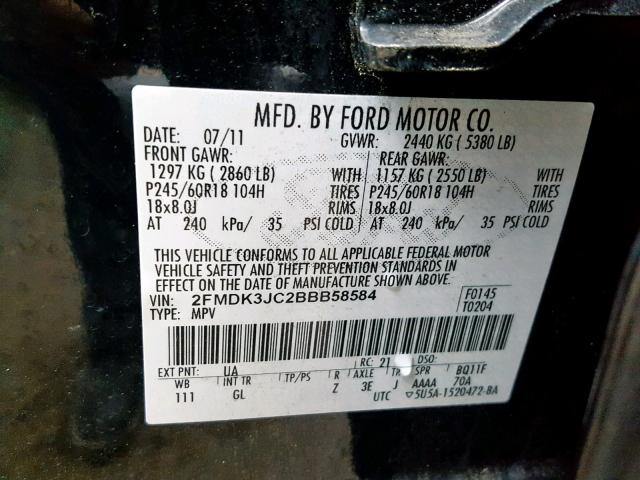 2FMDK3JC2BBB58584 - 2011 FORD EDGE SEL BLUE photo 10