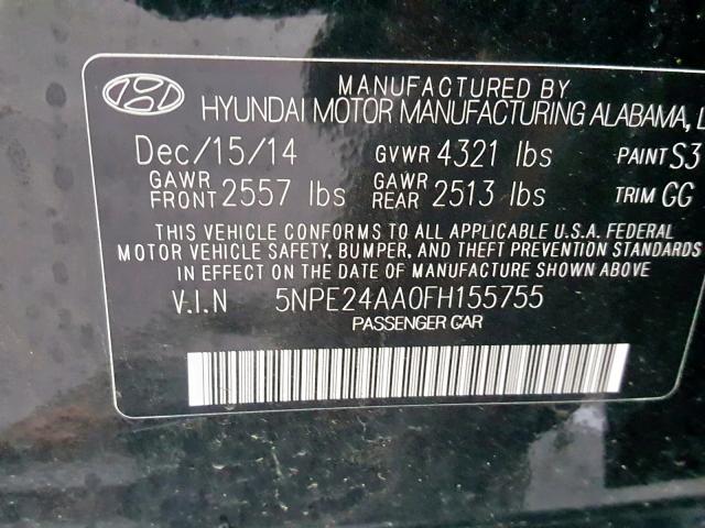 5NPE24AA0FH155755 - 2015 HYUNDAI SONATA ECO BLACK photo 10