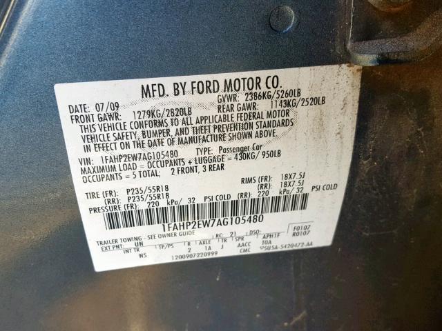 1FAHP2EW7AG105480 - 2010 FORD TAURUS SEL BLUE photo 10