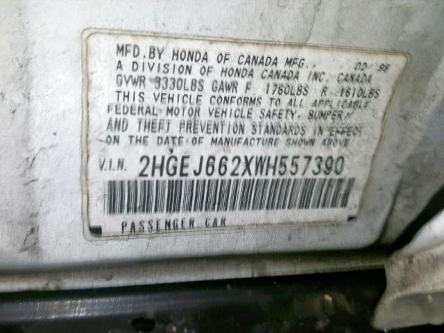 2HGEJ662XWH557390 - 1998 HONDA CIVIC DX WHITE photo 10