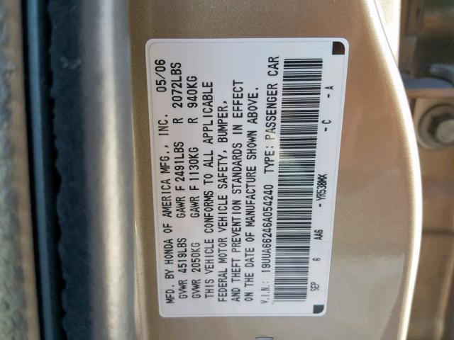 19UUA66246A054240 - 2006 ACURA 3.2TL GOLD photo 10