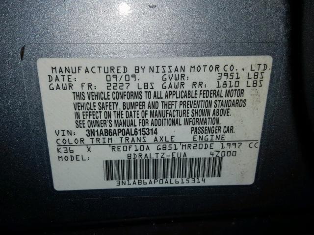 3N1AB6AP0AL615314 - 2010 NISSAN SENTRA 2.0 GRAY photo 10