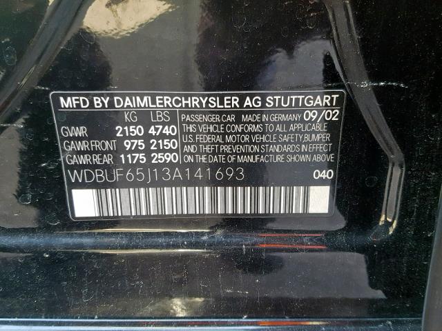 WDBUF65J13A141693 - 2003 MERCEDES-BENZ E 320 BLACK photo 10