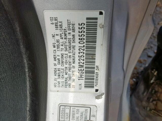 1HGEM22532L065555 - 2002 HONDA CIVIC LX SILVER photo 10