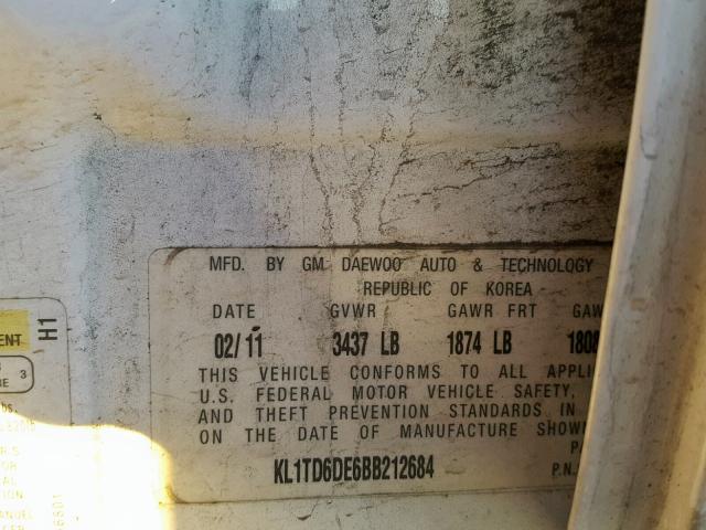 KL1TD6DE6BB212684 - 2011 CHEVROLET AVEO LS WHITE photo 10