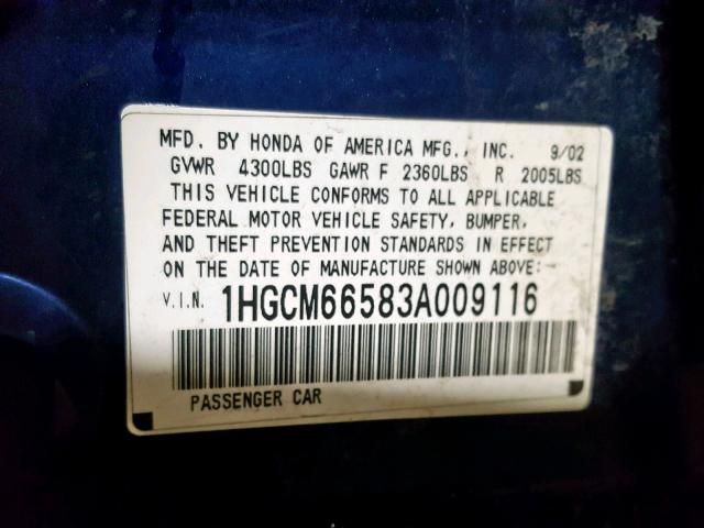 1HGCM66583A009116 - 2003 HONDA ACCORD BLUE photo 10