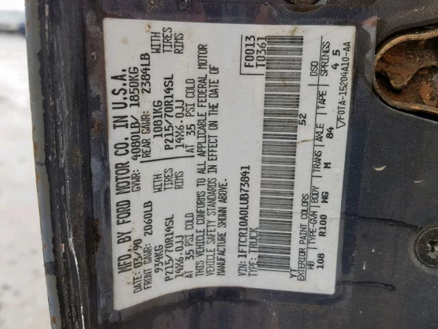 1FTCR10A0LUB73841 - 1990 FORD RANGER GRAY photo 10