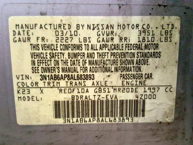 3N1AB6AP8AL683893 - 2010 NISSAN SENTRA 2.0 GRAY photo 10