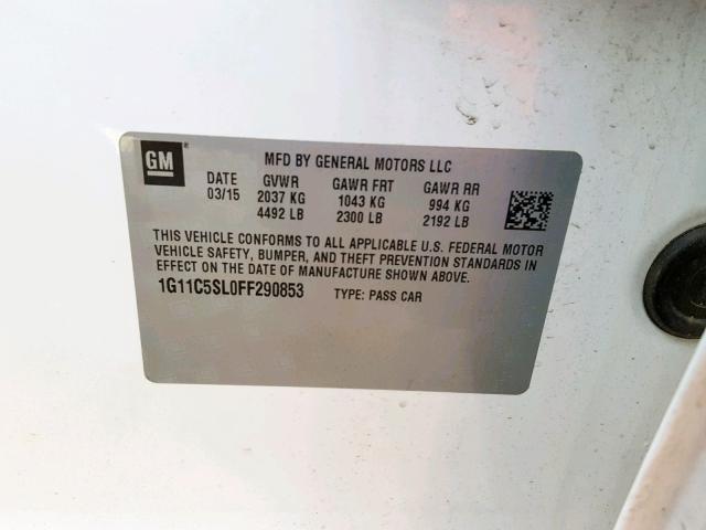 1G11C5SL0FF290853 - 2015 CHEVROLET MALIBU 1LT 白色 照片 10