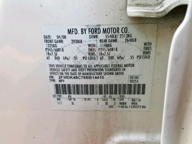 2FMDK48C78BB14410 - 2008 FORD EDGE SEL WHITE photo 10