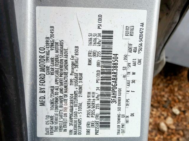 3FAHP0GA8AR388504 - 2010 FORD FUSION S SILVER photo 10