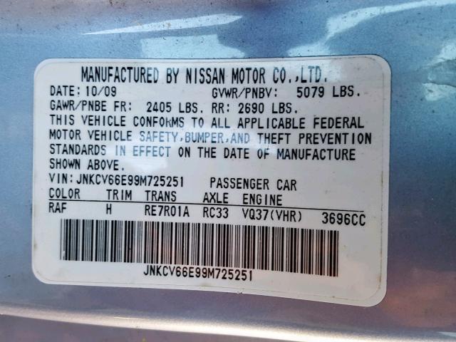 JNKCV66E99M725251 - 2009 INFINITI G37 BASE SILVER photo 10