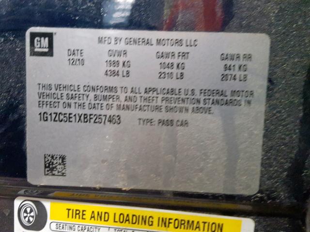 1G1ZC5E1XBF257463 - 2011 CHEVROLET MALIBU 1LT ლურჯი ფოტო 10