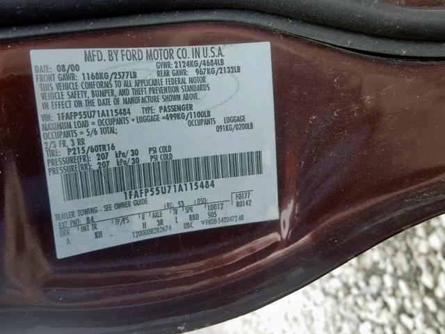 1FAFP55U71A115484 - 2001 FORD TAURUS SES BURGUNDY photo 10