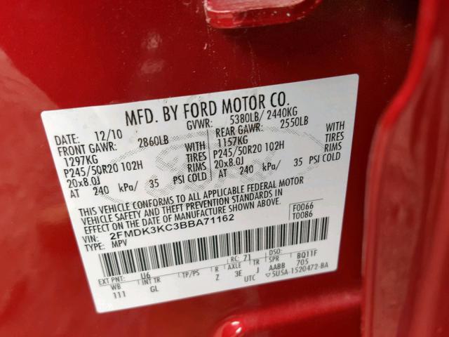 2FMDK3KC3BBA71162 - 2011 FORD EDGE LIMIT RED photo 10