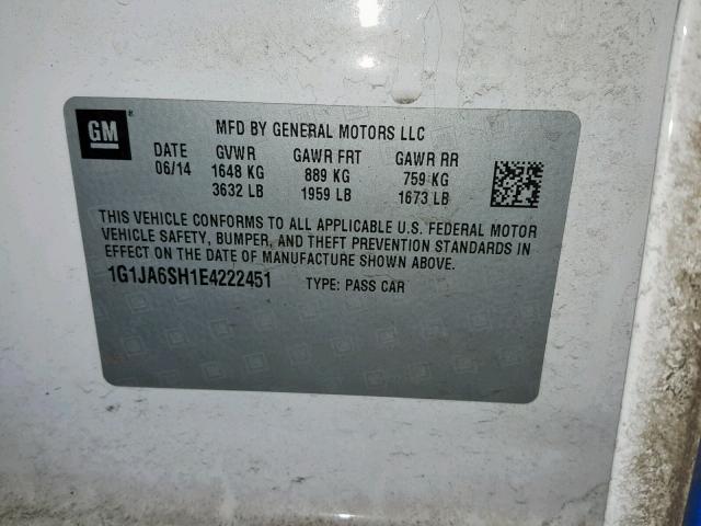 1G1JA6SH1E4222451 - 2014 CHEVROLET SONIC LS WHITE photo 10