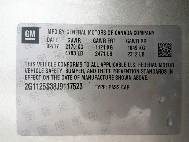 2G1125S38J9117523 - 2018 CHEVROLET IMPALA PRE SILVER photo 10