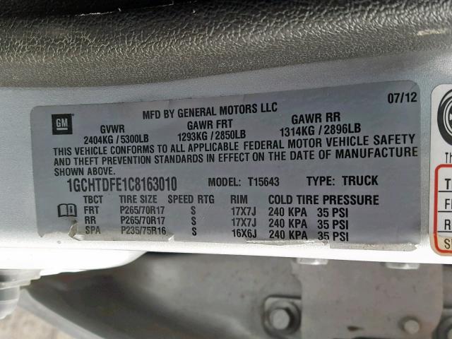 1GCHTDFE1C8163010 - 2012 CHEVROLET COLORADO L SILVER photo 10