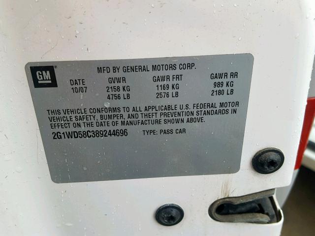 2G1WD58C389244696 - 2008 CHEVROLET IMPALA SUP 白色 照片 10