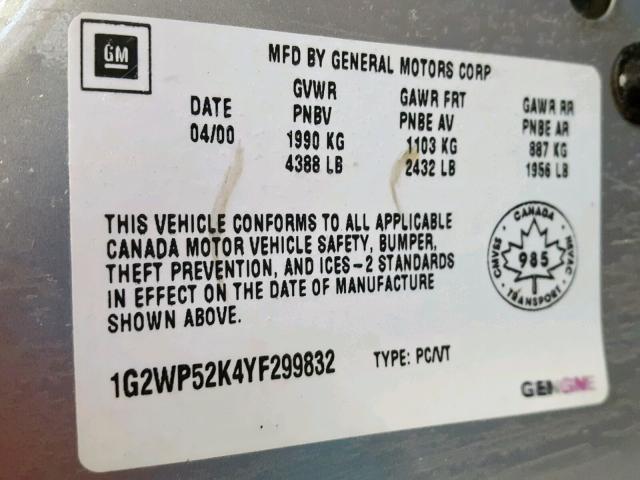 1G2WP52K4YF299832 - 2000 PONTIAC GRAND PRIX 银色 照片 10