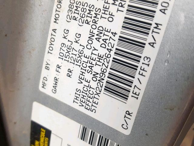 5TETX22N96Z264274 - 2006 TOYOTA TACOMA ACC ვერცხლისფერი ფოტო 10