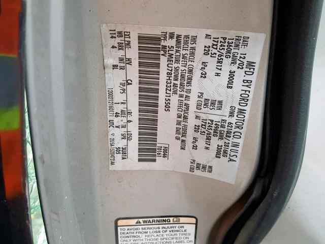 5LMEU78H33ZJ15505 - 2003 LINCOLN AVIATOR 银色 照片 10