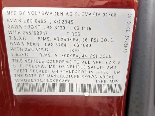 WVGBE77L48D050368 - 2008 VOLKSWAGEN TOUAREG 2 RED photo 10