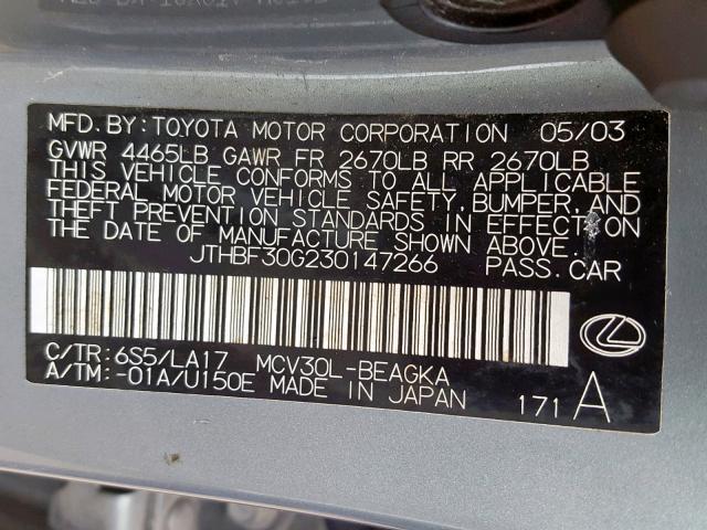 JTHBF30G230147266 - 2003 LEXUS ES 300 GREEN photo 10