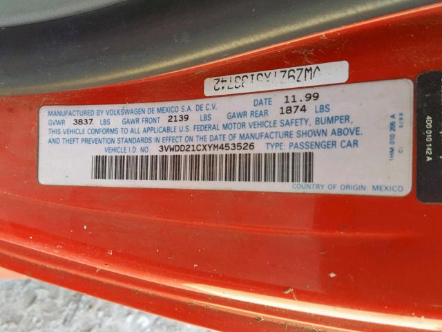 3VWDD21CXYM453526 - 2000 VOLKSWAGEN NEW BEETLE Qırmızı foto 10