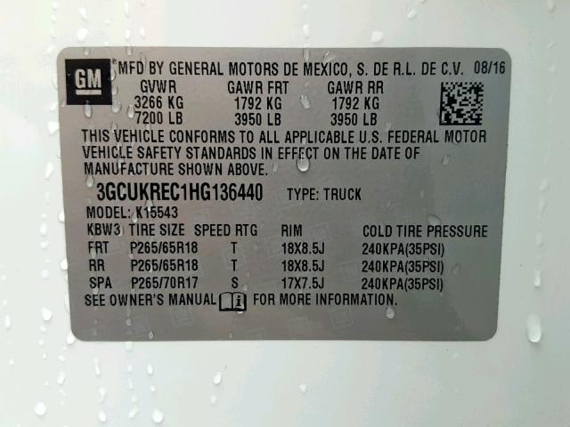 3GCUKREC1HG136440 - 2017 CHEVROLET SILVERADO WHITE photo 10