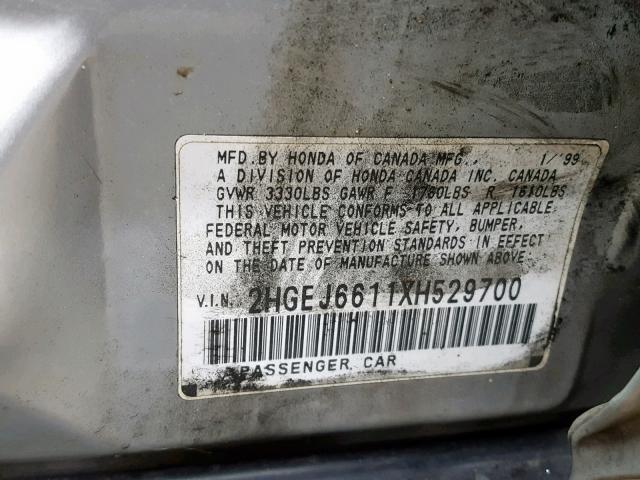 2HGEJ6611XH529700 - 1999 HONDA CIVIC BASE SILVER photo 10