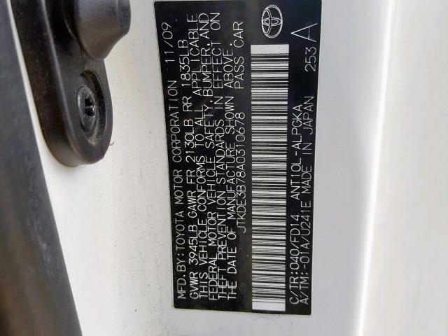 JTKDE3B78A0310678 - 2010 TOYOTA SCION TC WHITE photo 10