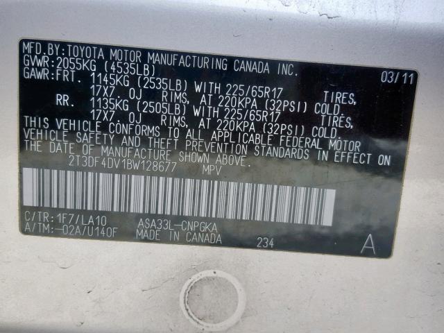 2T3DF4DV1BW128677 - 2011 TOYOTA RAV4 LIMIT SILVER photo 10