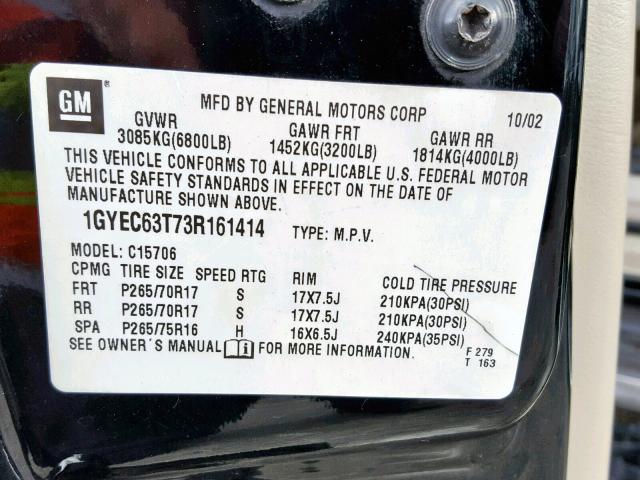 1GYEC63T73R161414 - 2003 CADILLAC ESCALADE L BLACK photo 10