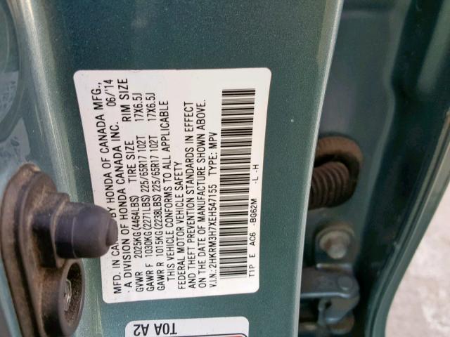 2HKRM3H7XEH547155 - 2014 HONDA CR-V EXL GREEN photo 10