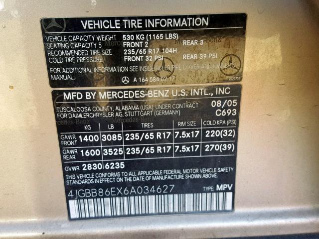 4JGBB86EX6A034627 - 2006 MERCEDES-BENZ ML 350 GOLD photo 10