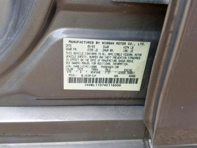 1N4BL11D74C116006 - 2004 NISSAN ALTIMA SE BROWN photo 10