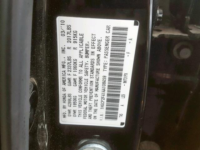 1HGCP2F41AA108459 - 2010 HONDA ACCORD LXP BLACK photo 10