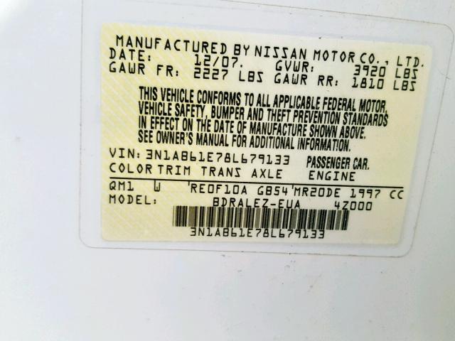 3N1AB61E78L679133 - 2008 NISSAN SENTRA 2.0 WHITE photo 10