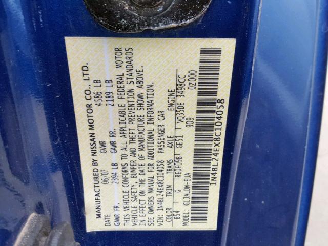 1N4BL24EX8C104058 - 2008 NISSAN ALTIMA 3.5 BLUE photo 10