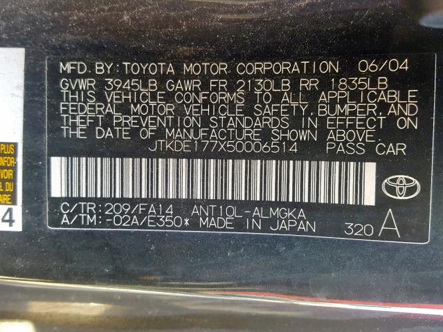 JTKDE177X50006514 - 2005 TOYOTA SCION TC შავი ფოტო 10