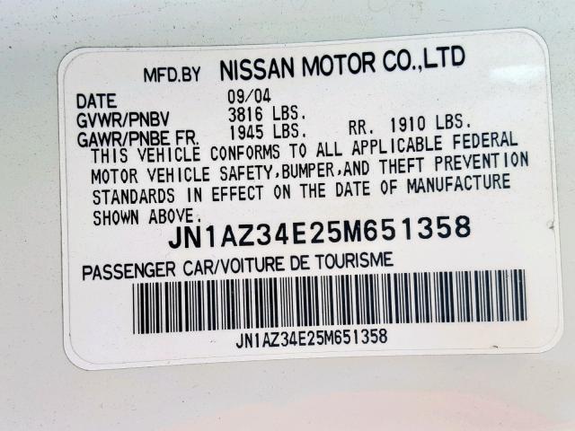 JN1AZ34E25M651358 - 2005 NISSAN 350Z COUPE WHITE photo 10