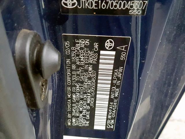 JTKDE167050045307 - 2005 TOYOTA SCION TC 蓝色 照片 10