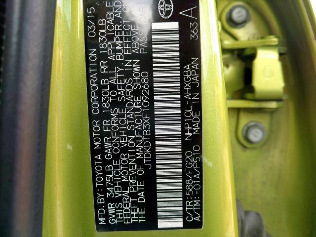 JTDKDTB3XF1092680 - 2015 TOYOTA PRIUS C GREEN photo 10