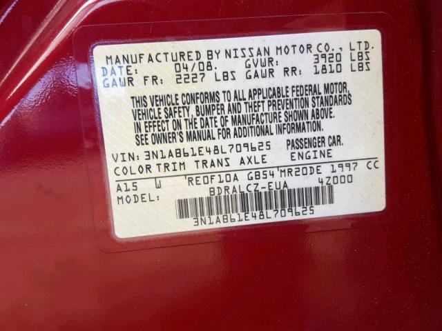 3N1AB61E48L709625 - 2008 NISSAN SENTRA 2.0 RED photo 10