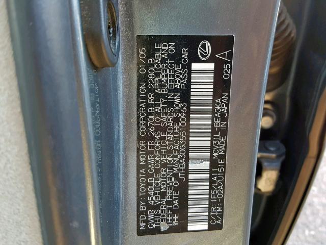 JTHBA30G355100963 - 2005 LEXUS ES 330 GRAY photo 10