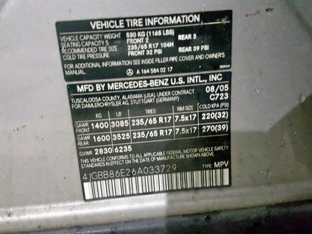 4JGBB86E26A033729 - 2006 MERCEDES-BENZ ML 350 SILVER photo 10