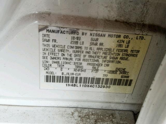 1N4BL11DX4C132930 - 2004 NISSAN ALTIMA SE WHITE photo 10