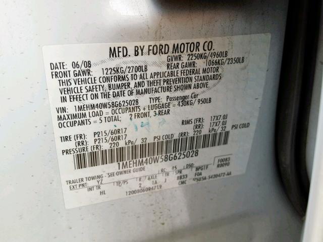 1MEHM40W58G625028 - 2008 MERCURY SABLE LUXU WHITE photo 10